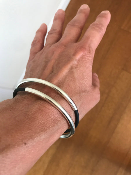 spiral tube sterling silver & black rubber bracelet - made to order