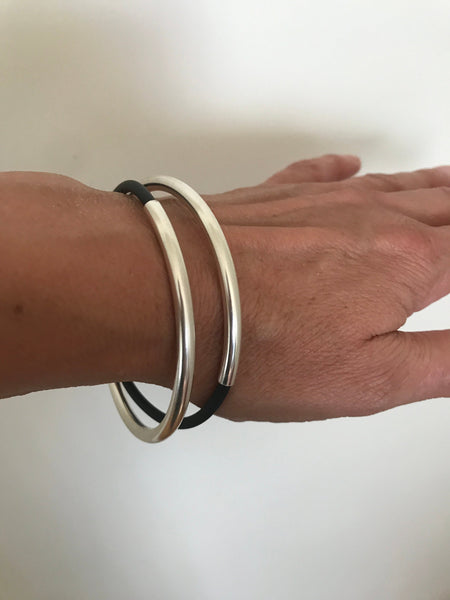 spiral tube sterling silver & black rubber bracelet - made to order