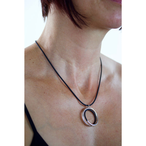 spiral tube circles sterling silver & black rubber pendants with sterling snake chain - made to order