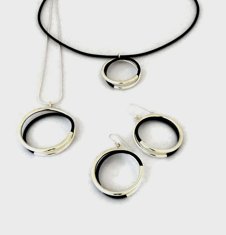 spiral tube hoop earrings sterling silver & black rubber - made to ord –  claudia A. designs