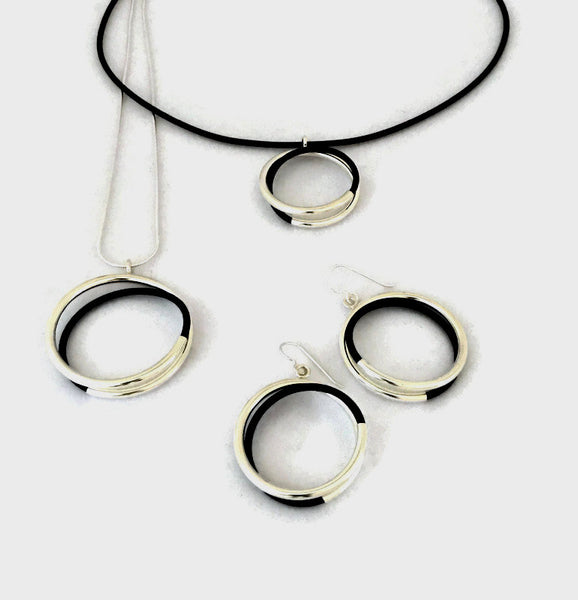 spiral tube hoop earrings sterling silver & black rubber - made to order