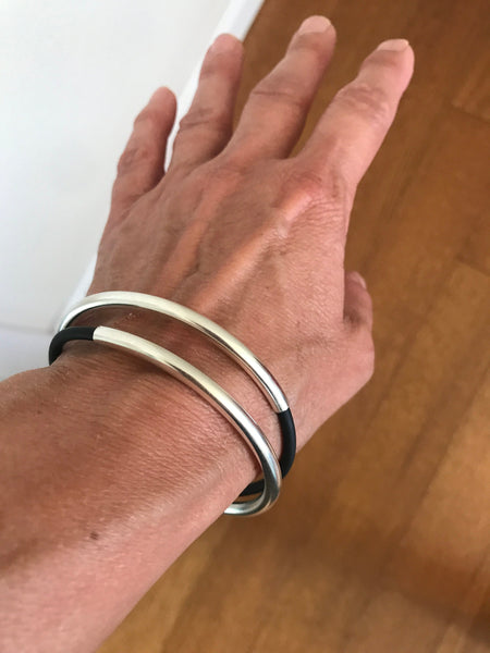 spiral tube sterling silver & black rubber bracelet